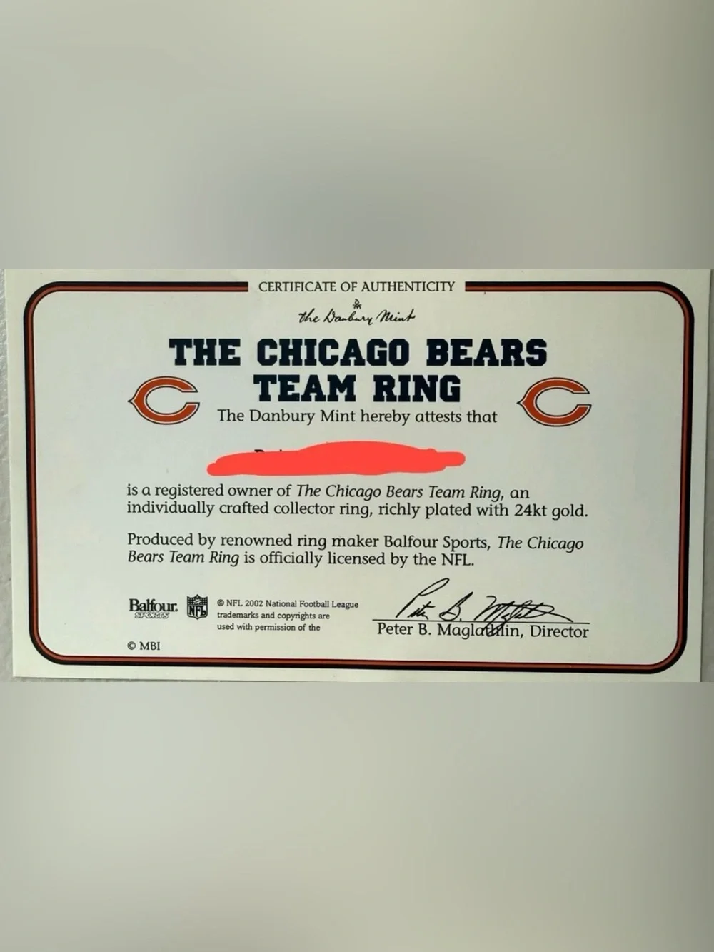 Chicago Bears Team Ring Danbury Mint Balfour 24kt Gold Plated COA Box 2002 NFL